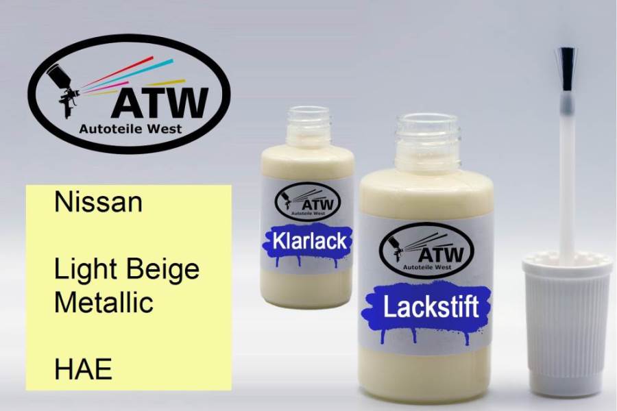 Nissan, Light Beige Metallic, HAE: 20ml Lackstift + 20ml Klarlack - Set, von ATW Autoteile West.